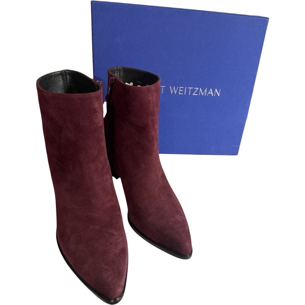 Stuart Weitzman Trendy Booties 7 Bordeaux Suede Pointed Toe Block Heel NWT - Picture 4 of 7
